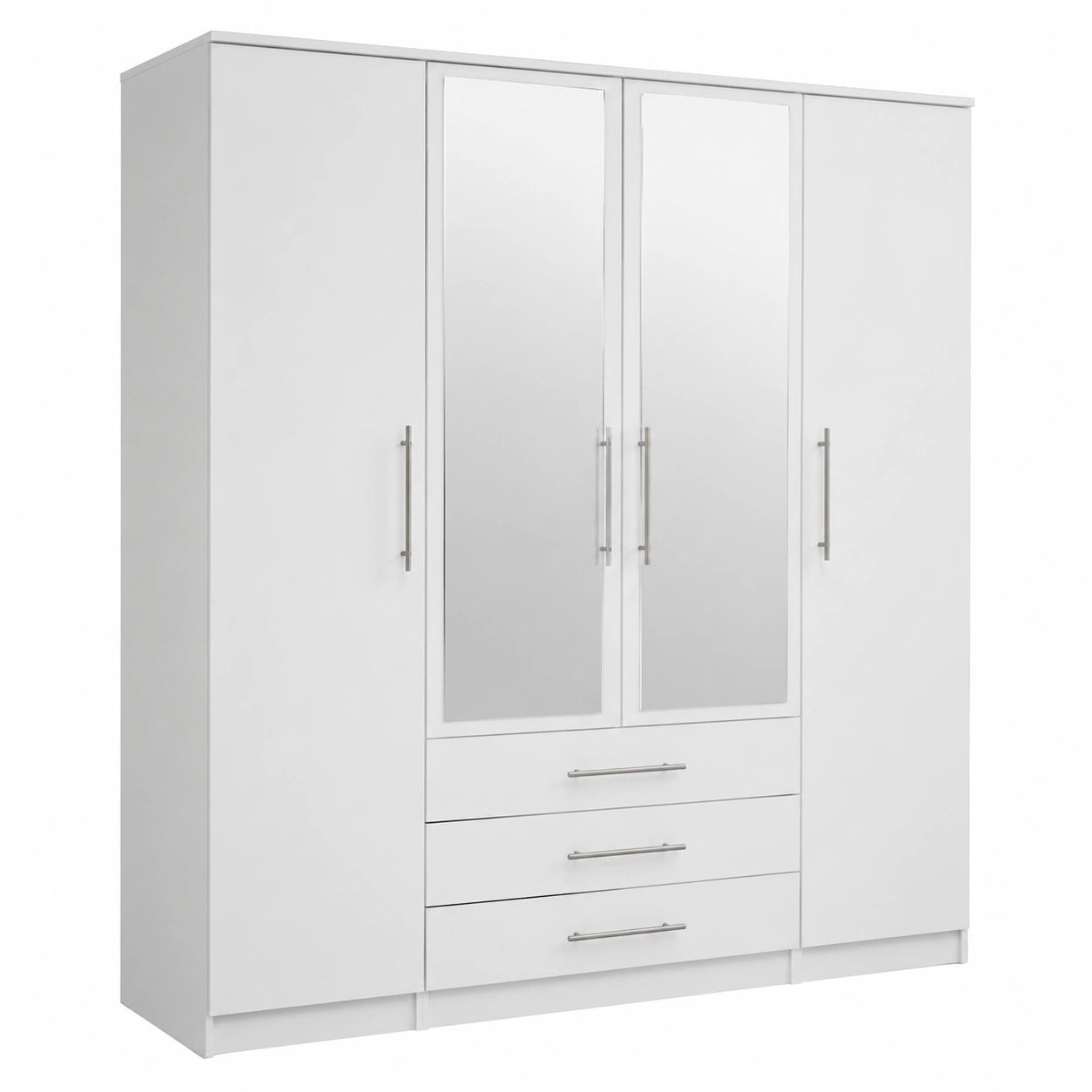 Moderner Kleiderschrank mit Spiegel, 4 Türen und 3 Schubladen, 64x200x210 cm, Weiß