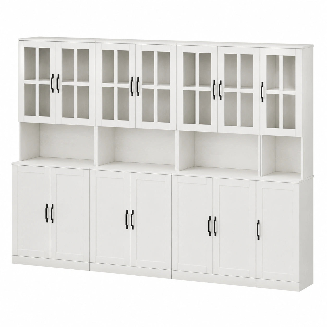 VOWER Hochregal mit Glastüren und offenen Fächern, 180 cm, 5-stufiges Bücherregal, Vitrinenschrank mit Ablage, 60x40x180 cm, ideal für Wohnzimmer und Büro, 4-teilig