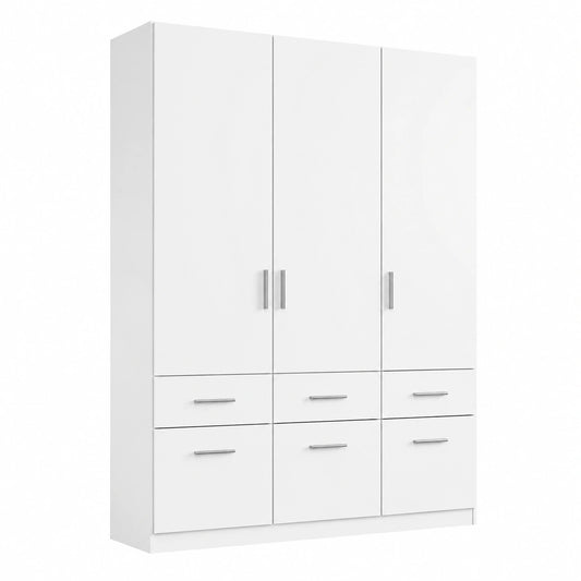Rauch Möbel Hochglanz Kleiderschrank 3-türig mit 6 Schubladen, Weiß, 136 cm Breite