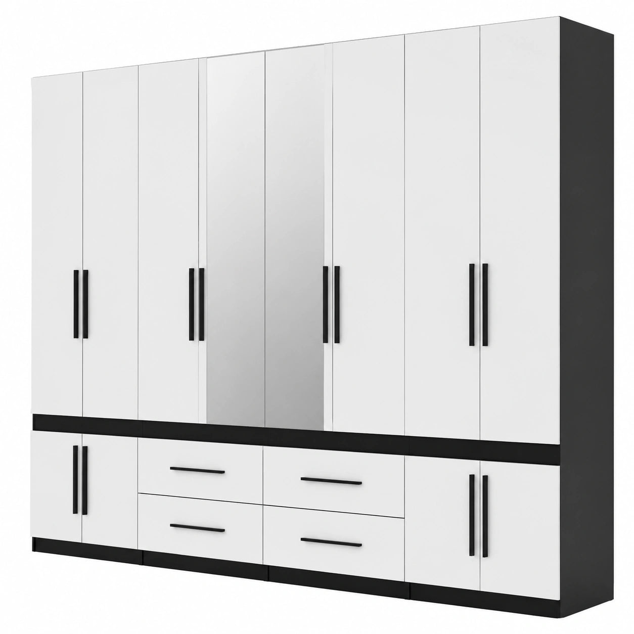 Moderner Kleiderschrank mit Schubladen und Kleiderstangen, Schwarz/Weiß, 320x230x57 cm