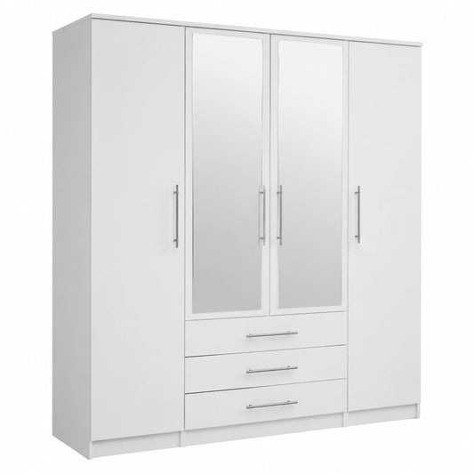 Moderner Kleiderschrank mit Spiegel, 4 Türen und 3 Schubladen, 64x200x210 cm, Weiß