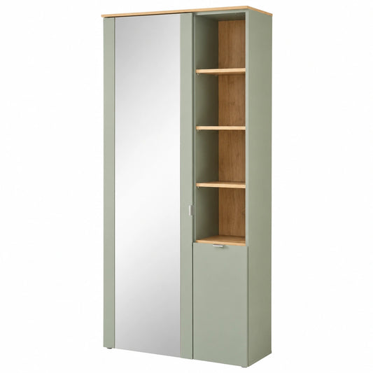 Moderner Garderobenschrank mit Spiegel, Schilfgrün und Eiche Dekor, FSC-zertifiziert, 78x202x38 cm