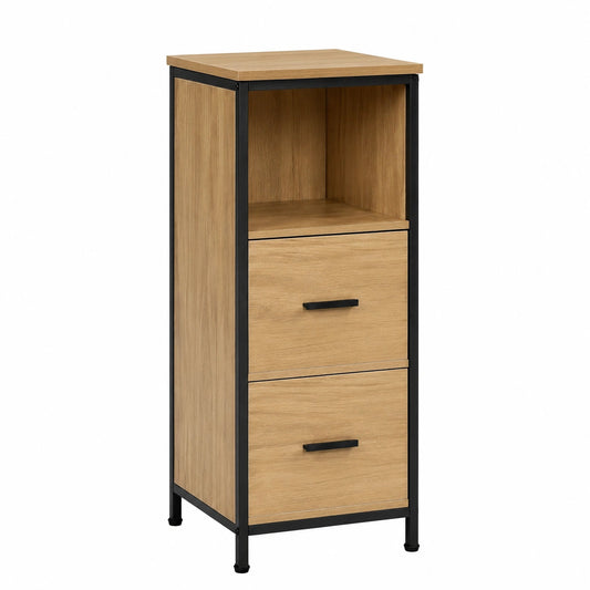 Industrie-Badezimmerschrank mit abnehmbaren Schubladen, schmaler Eckschrank, Metallrahmen, Schwarz und Eiche, 30x80x30 cm