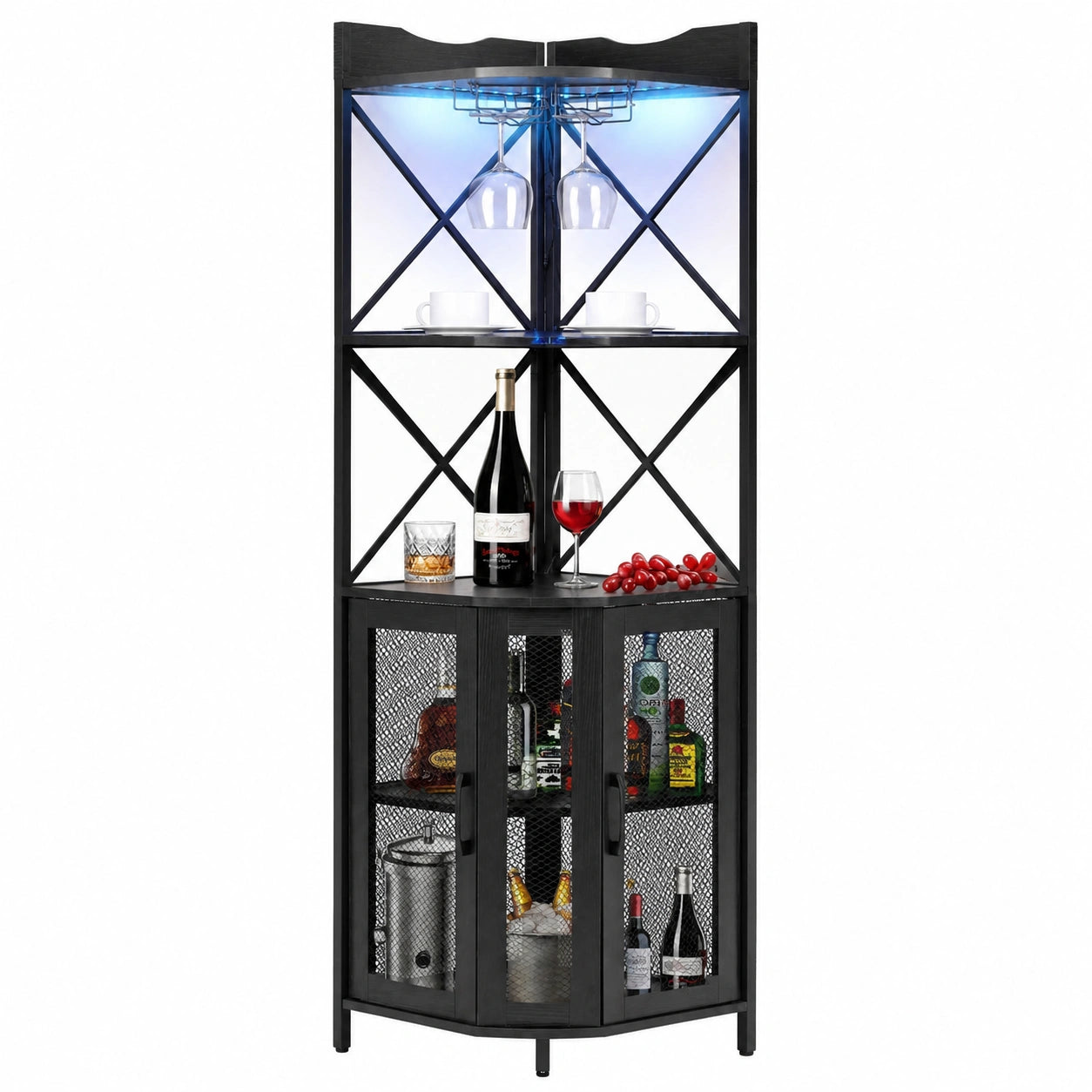 Vintage Eck-Weinschrank mit LED-Beleuchtung, Metallrahmen und Kippschutz, 5-stufig, für Küche und Wohnzimmer, Schwarz, 44,5 x 44,5 x 163 cm