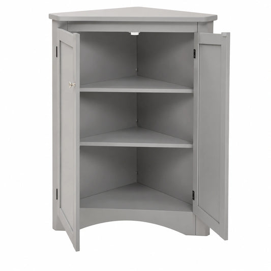 Eckschrank Grau für Bad – Freistehender 2-türiger Schrank mit 3 Ablagen, MDF-Qualität, platzsparend für Bad, Küche, Wohnzimmer (61,5 x 90 cm)