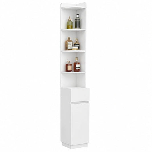 HEXCELEN Eck-Badezimmerschrank mit Verstellbarem Regalboden, 1 Schublade und 4 offenen Fächern, 20 x 20 x 185,6 cm, Weiß