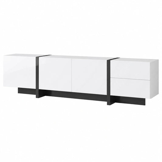 MURUL TV-Schrank mit Hochglanz-Optik, schwarz-weiße Farbblockbeine, modernes Design mit Regalen und Schubladen