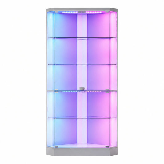 Moderne Eckvitrine mit RGB-Beleuchtung und Sensorik, 175 cm Höhe, 5 Ebenen
