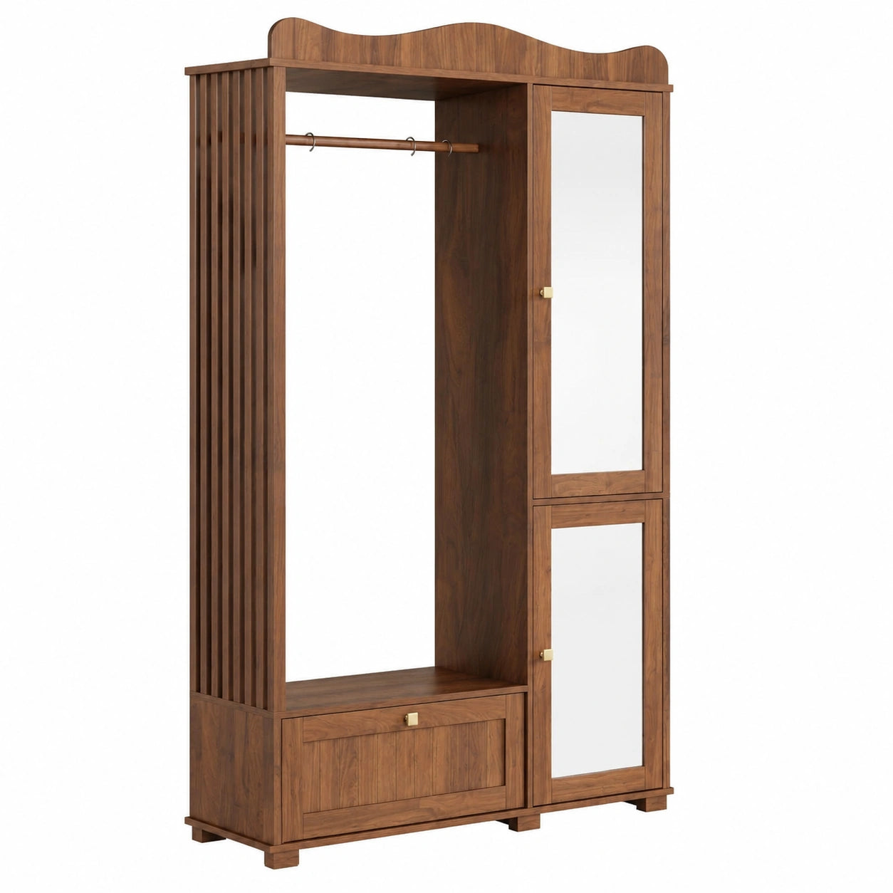 Moderner Garderobenschrank mit Spiegel und Schublade, 2-türiges Set, Nussbaumholz, 115,5x38,5x194,5 cm