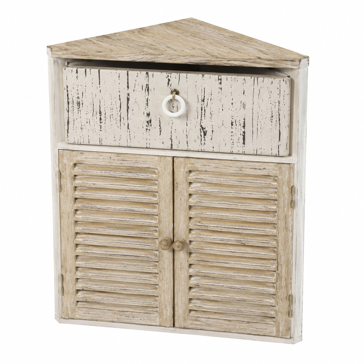 Kompakte Landhaus Kommode mit Schublade und Lamellentür, 63 cm Höhe, Vintage Holz Schrank für Bad und Schlafzimmer