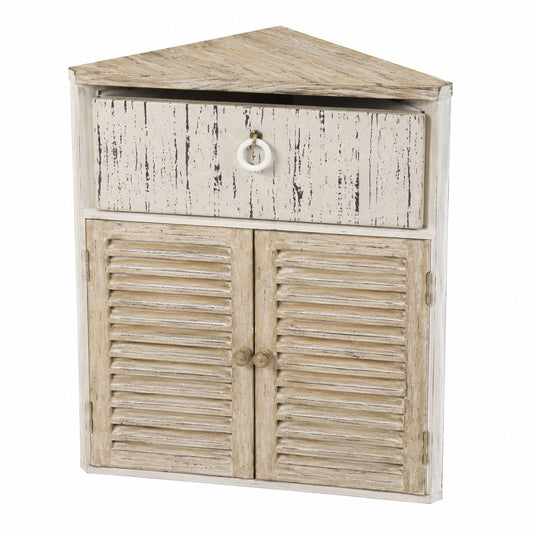 Kompakte Landhaus Kommode mit Schublade und Lamellentür, 63 cm Höhe, Vintage Holz Schrank für Bad und Schlafzimmer