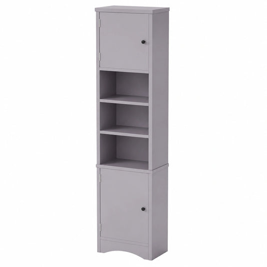 Merax Dreieckiger Badezimmerschrank, Feuchtigkeitsresistenter Hochglanzlack, Verstellbare Einlegeböden, Zwei Türen, Offene Fächer, Grau, 36.5 x 24.5 x 170cm