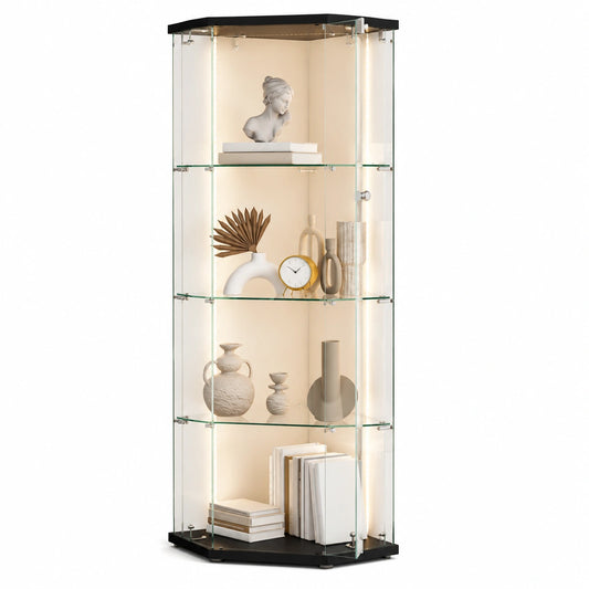 Eck-Glasvitrine mit LED, 4 Ebenen für Sammlungen und Wein im Wohnzimmer
