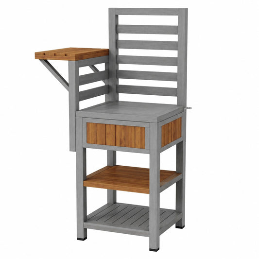 Merax Hochwertiger Gartenschrank aus Massivholz mit Edelstahl-Arbeitsplatte, Wetterfester Terrassenschrank mit Doppelablage und Seitenregalen, Ideal für Balkon und Grillstation in Natur & Grau